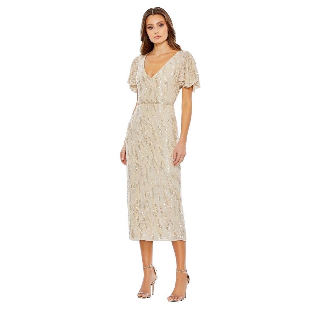 Mac Duggal 93591 Oyster Sequin Flutter Sleeve Midi Dress Size 16 $498